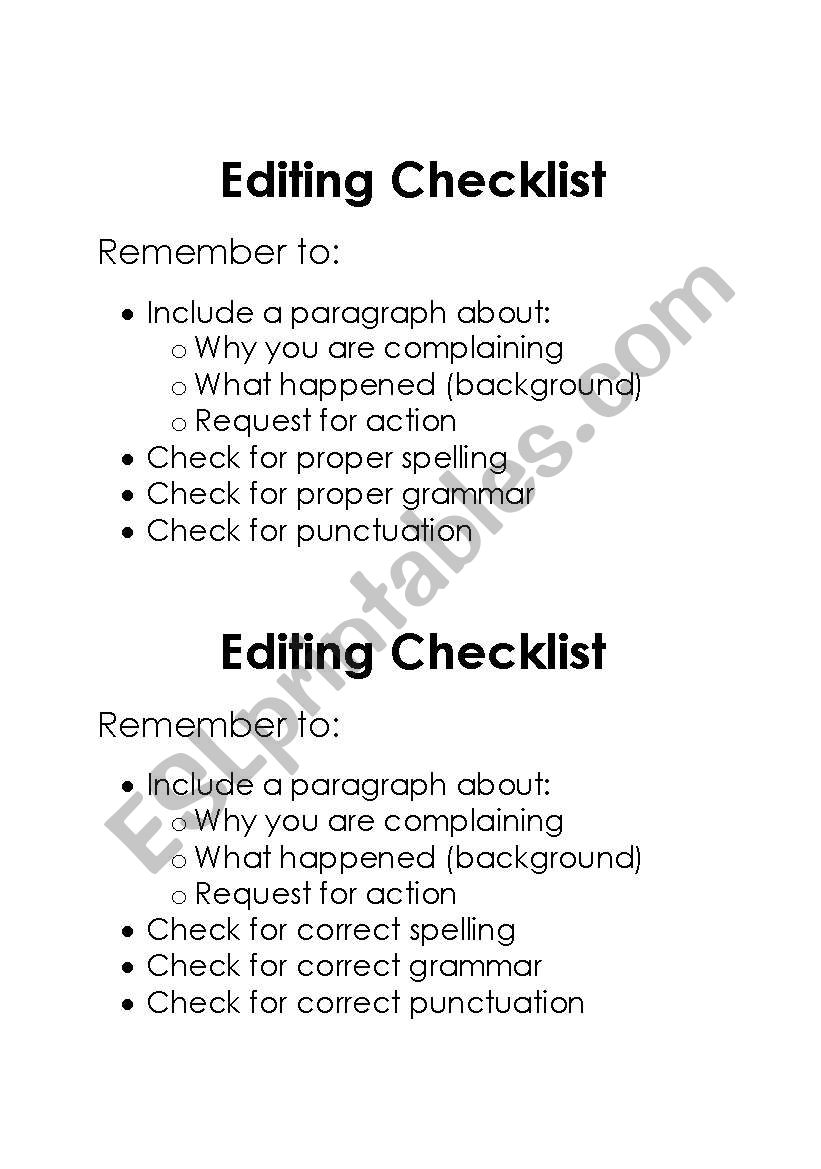 Letter of Complaint - Editing Checklist