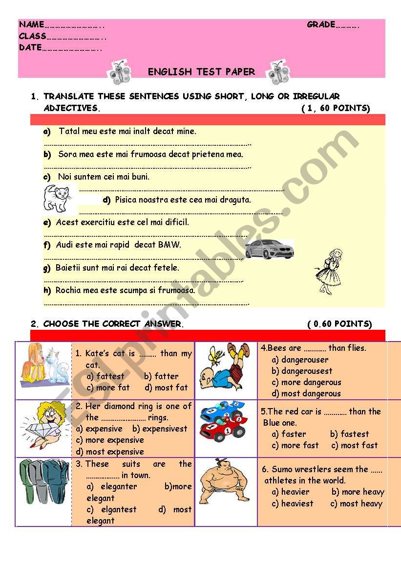 TEST PAPER ADJECTIVES worksheet