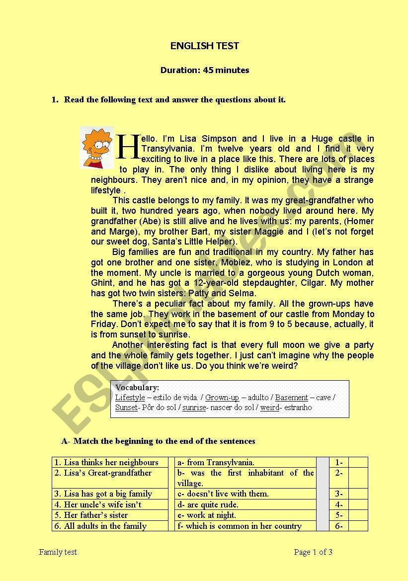Family: Bart Simpson test worksheet