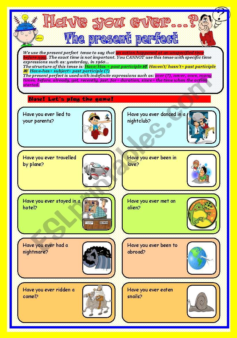 the present perfect tense game: speaking (cards and dice)