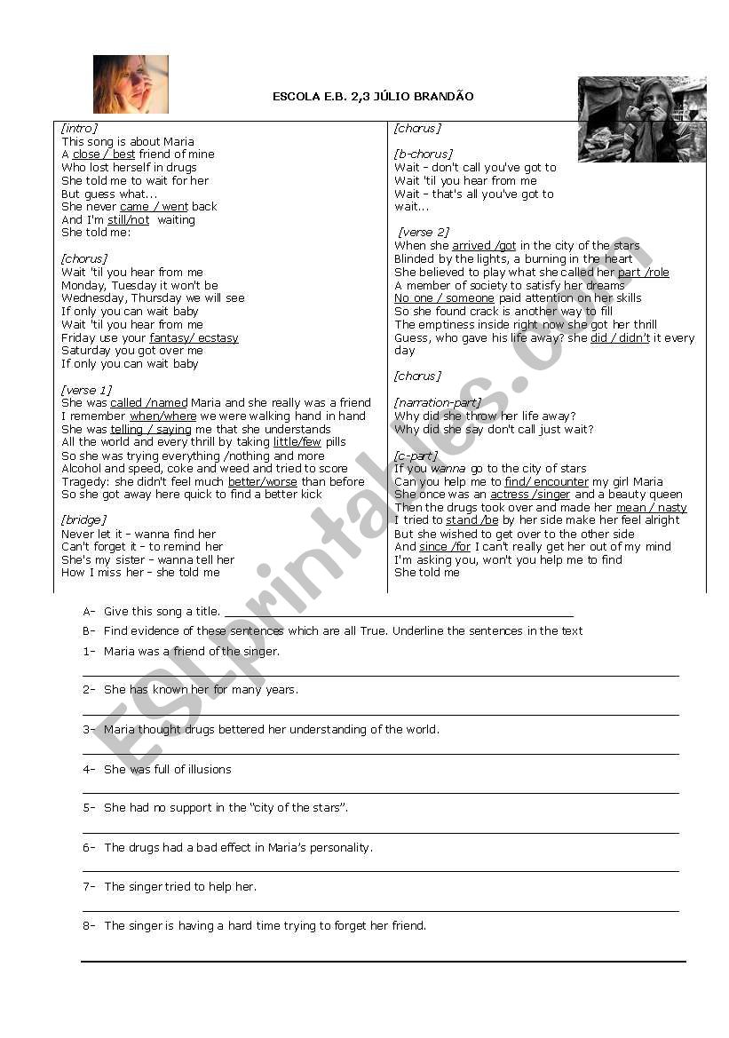 Two songs about drugs worksheet