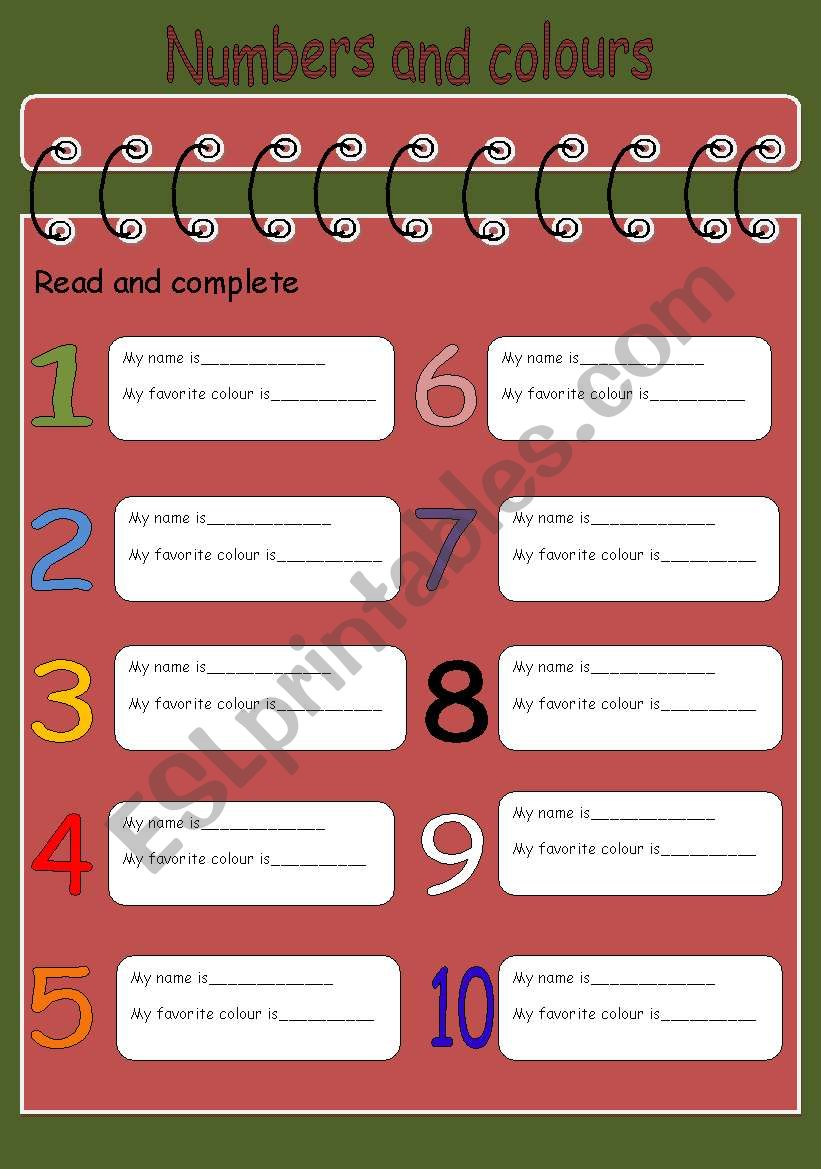 Numbers and colours worksheet