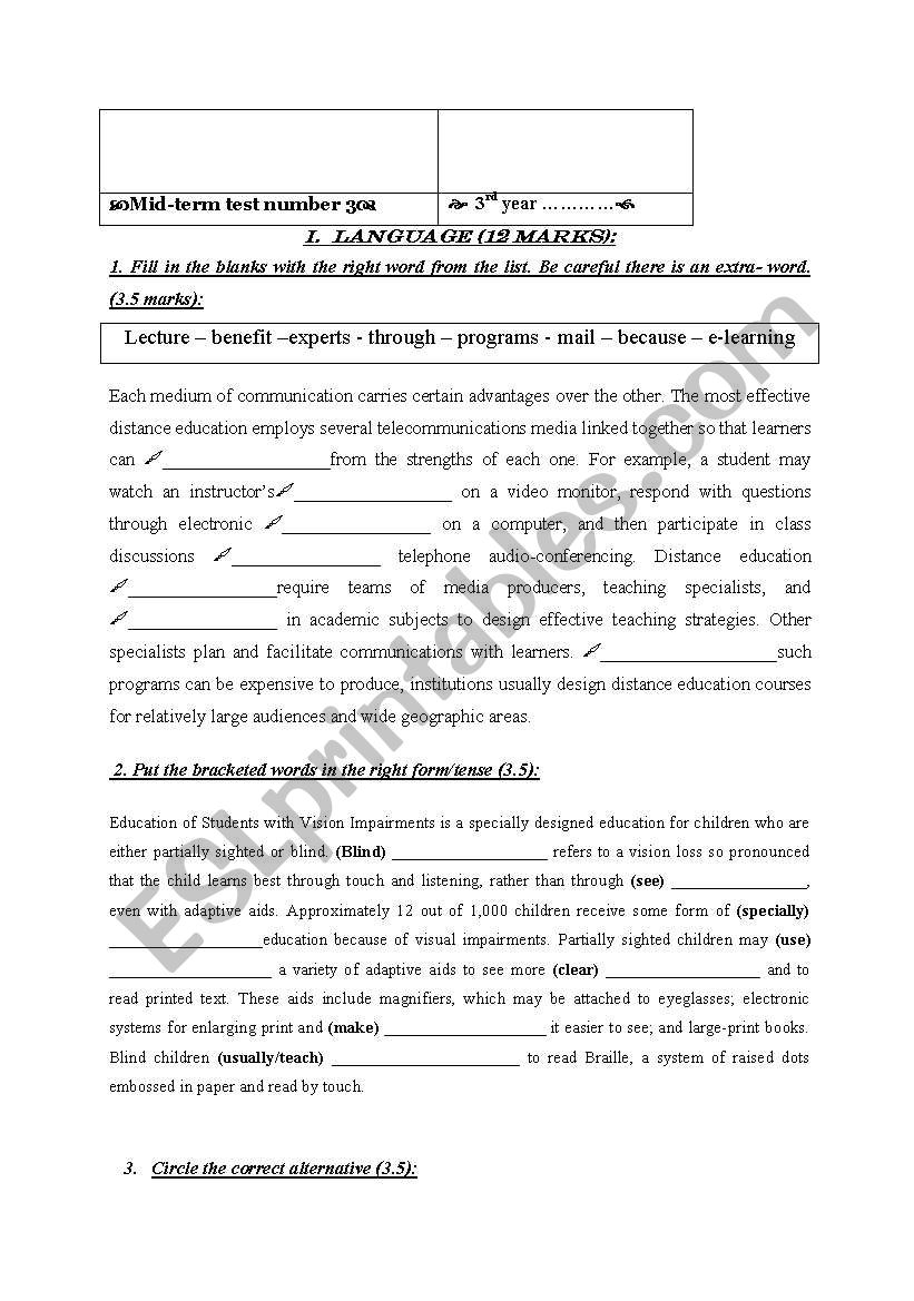 mid term test 3-3rd year worksheet