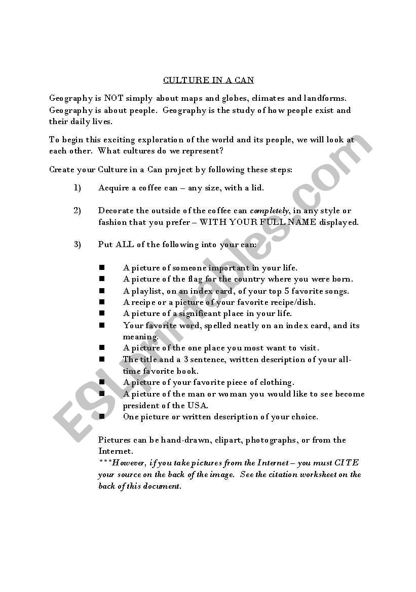 Culture in a Can worksheet