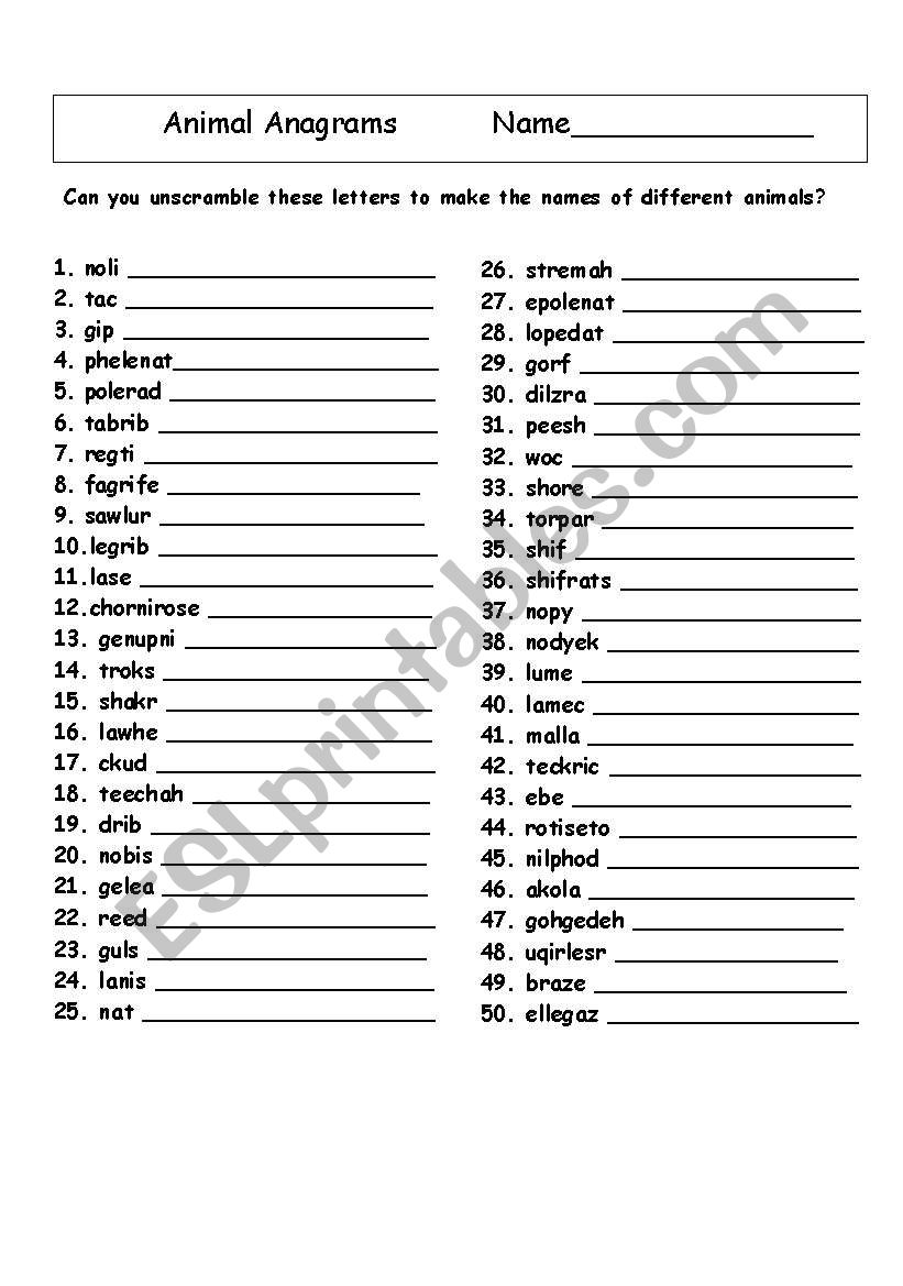 Animal anagrams worksheet