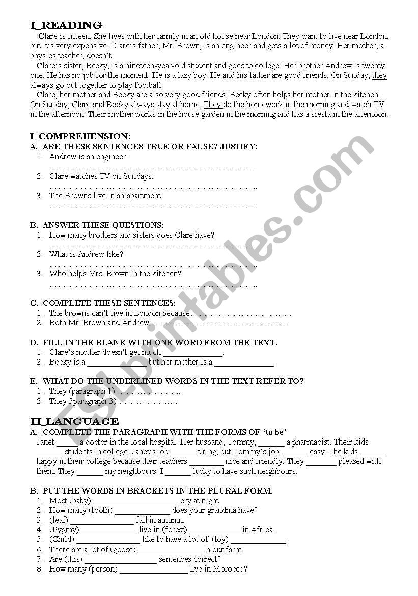 Clares family worksheet