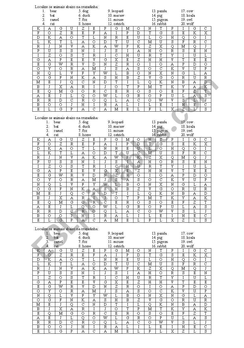 animal crossword worksheet