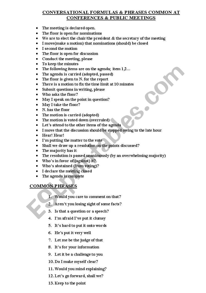 CONVERSATIONAL FORMULAS worksheet