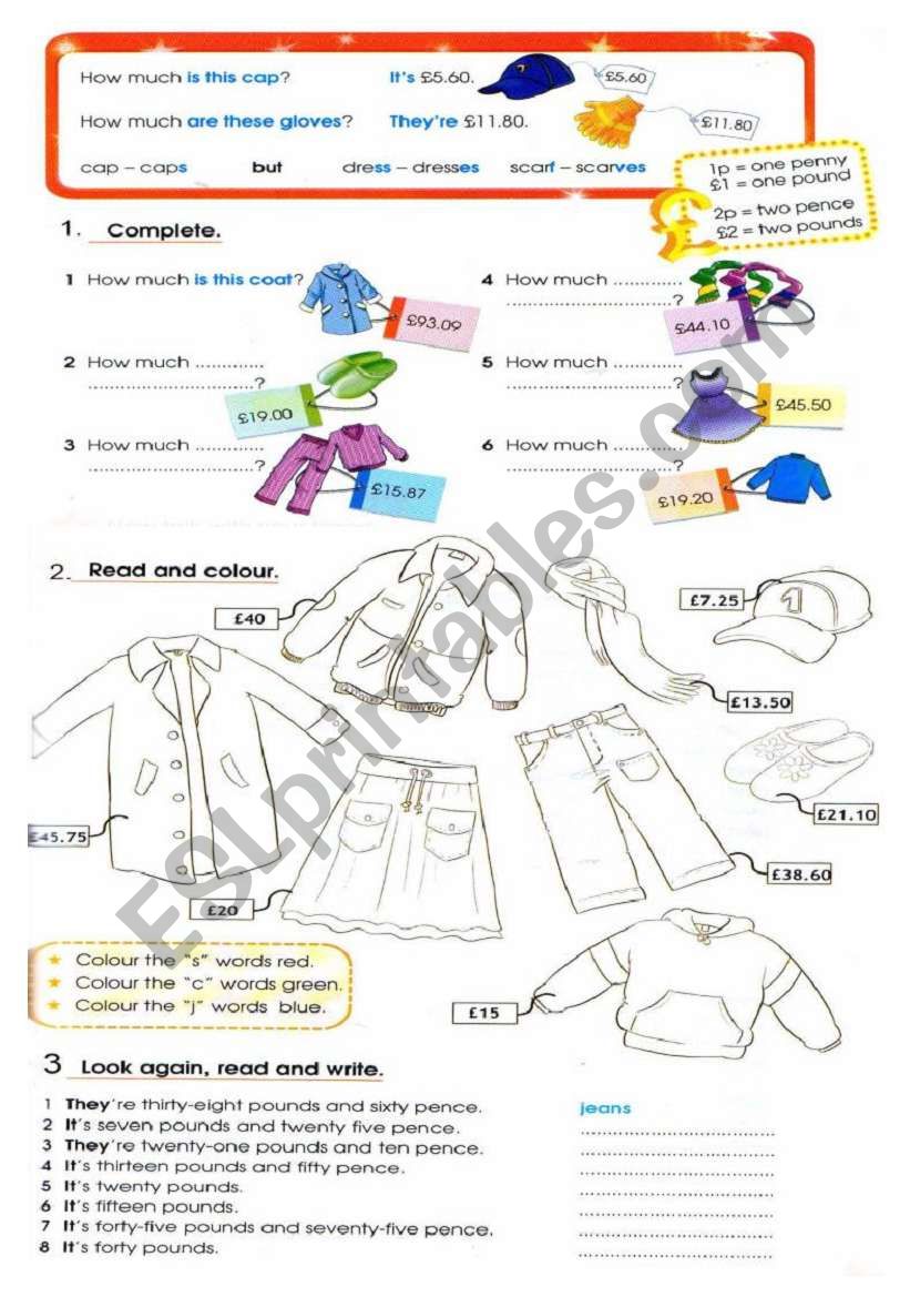 Clothes and the prices worksheet