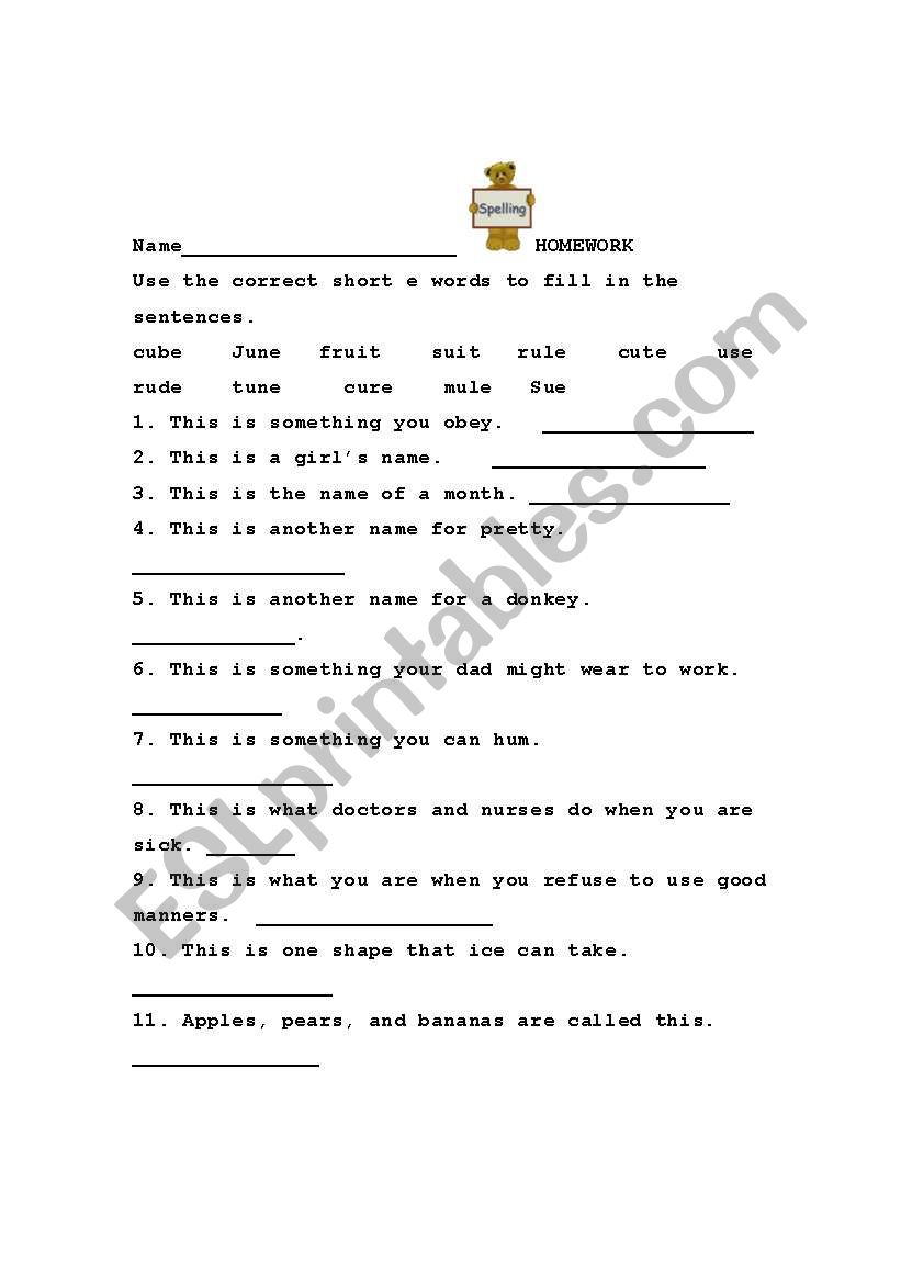 Long u Definitions worksheet