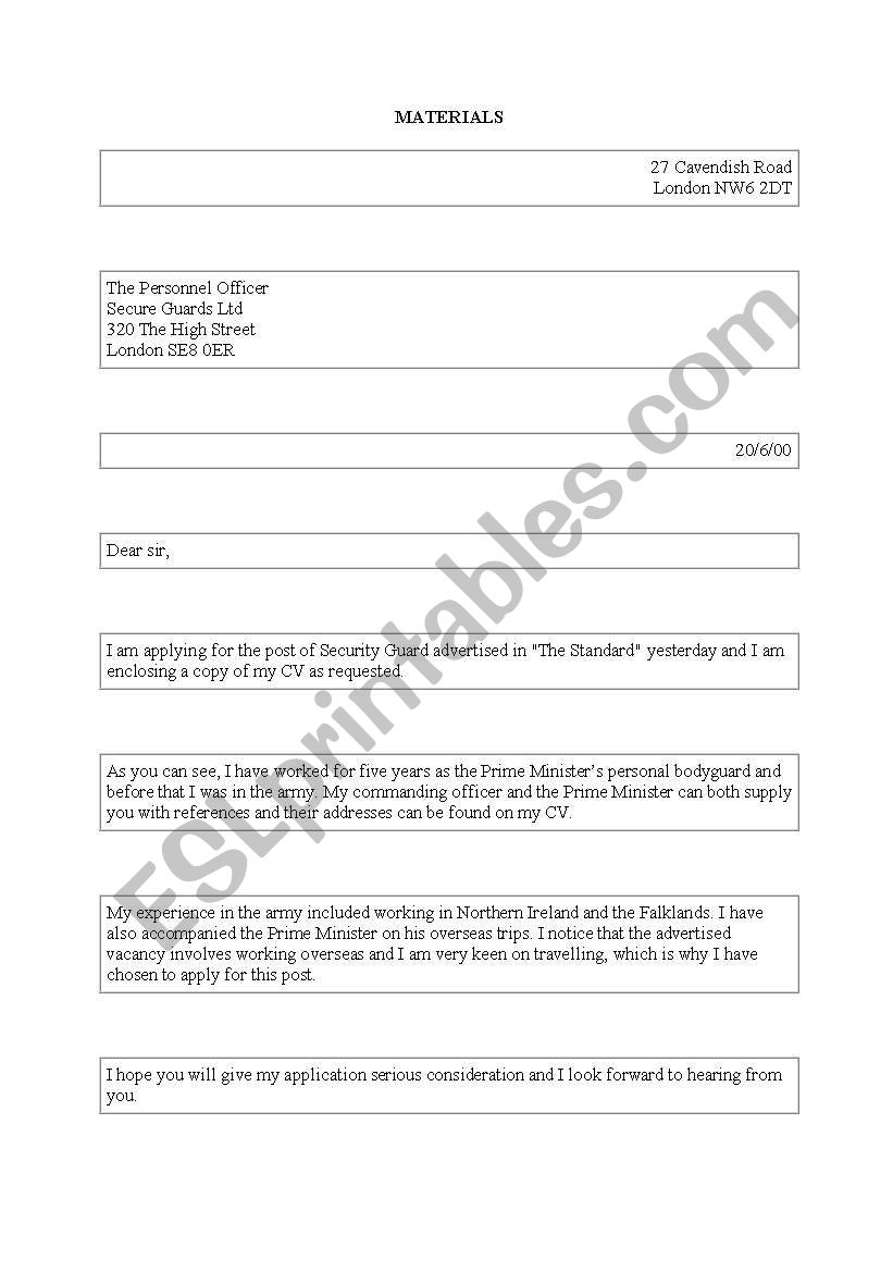 letter of application worksheet