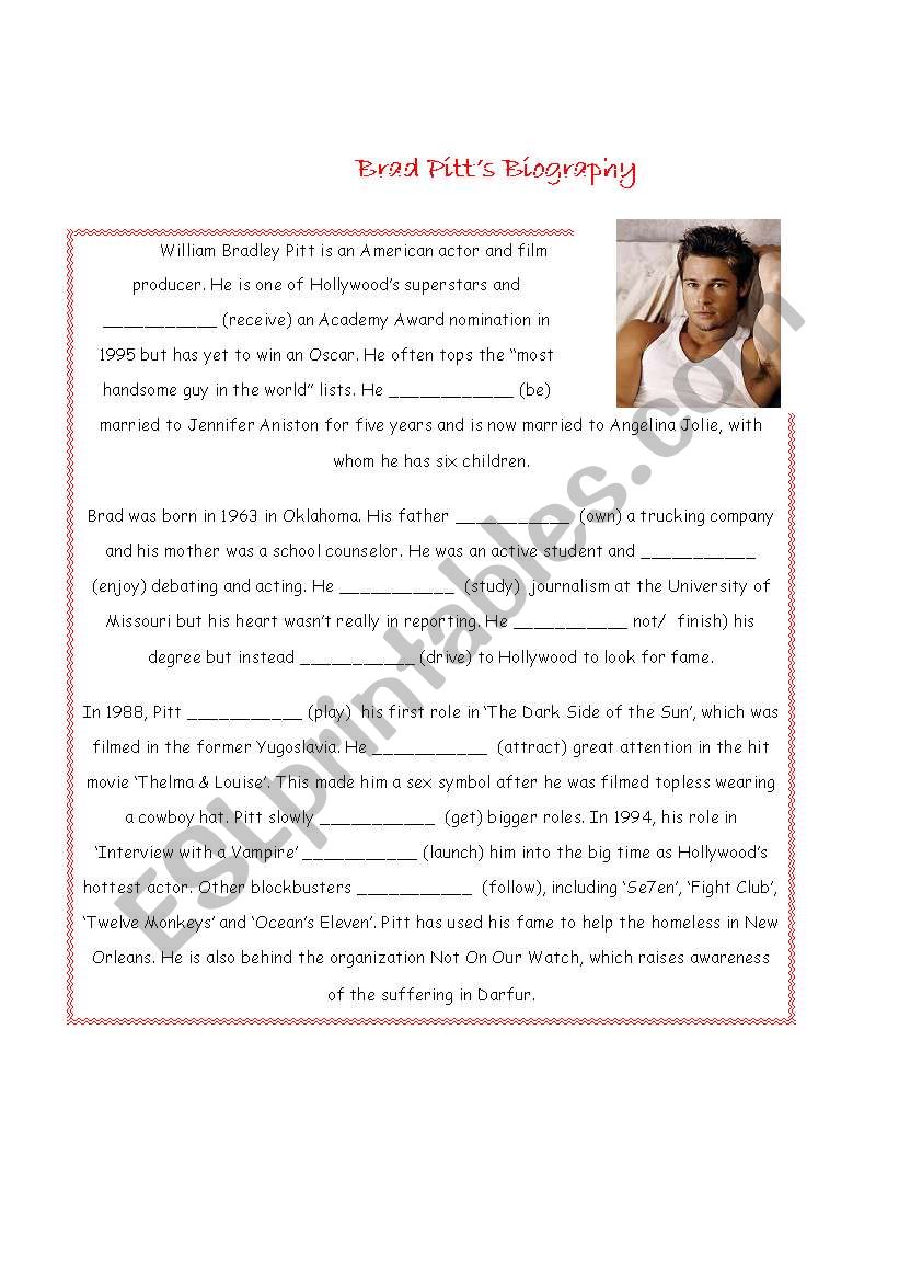 Brad Pitts Biography worksheet