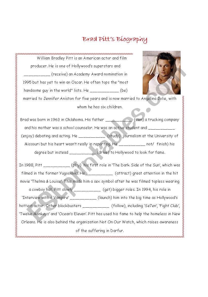 Brad PittÂ´s Biography worksheet