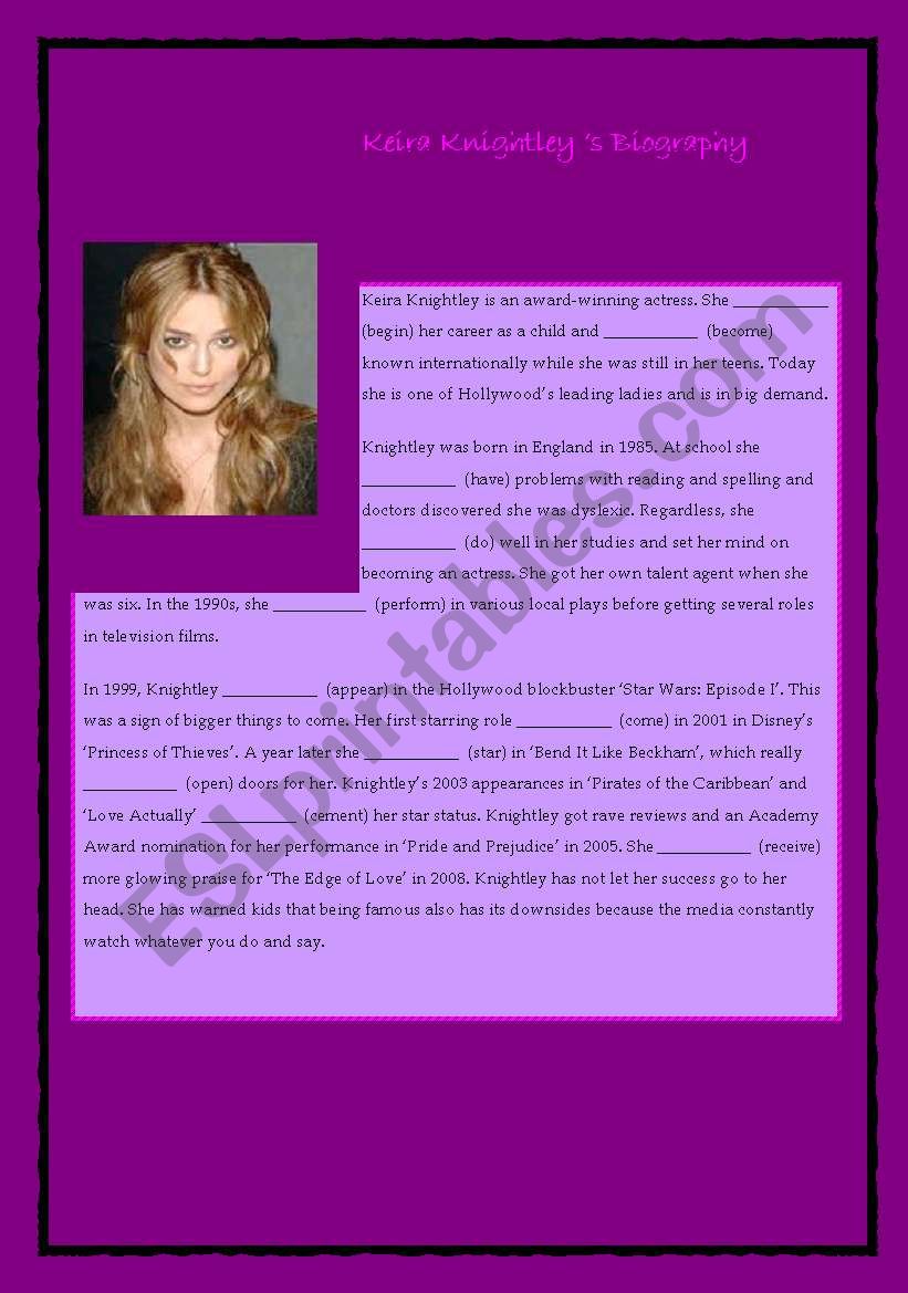 KeIra Knighleys Biography worksheet