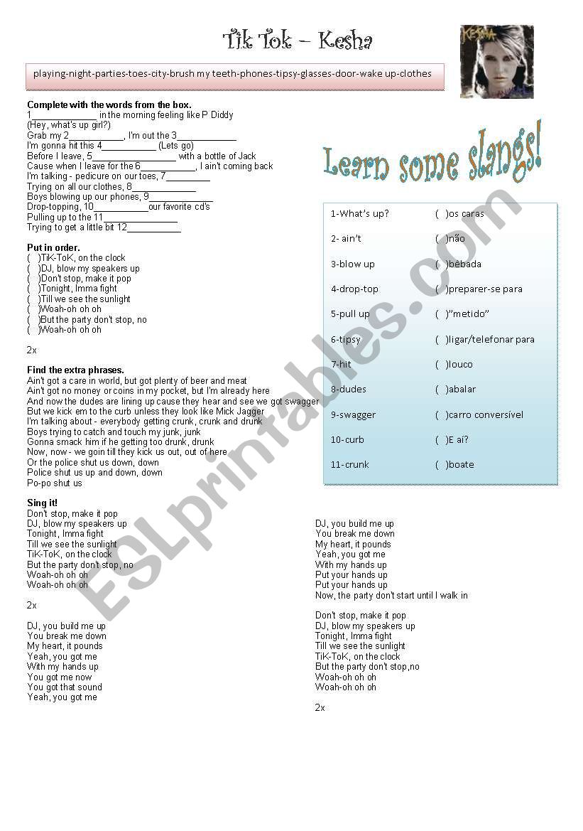 Tik Tok - Kesha worksheet