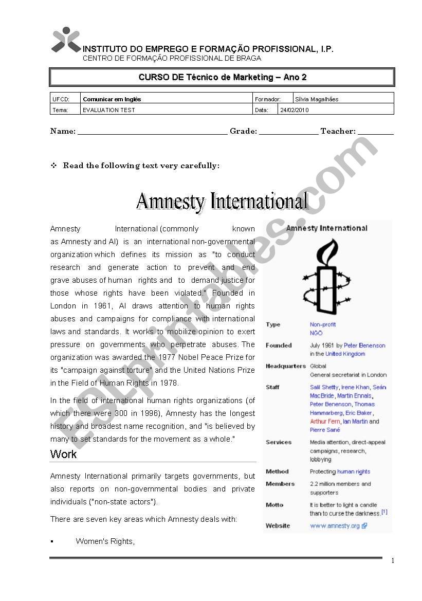 Amnesty International worksheet