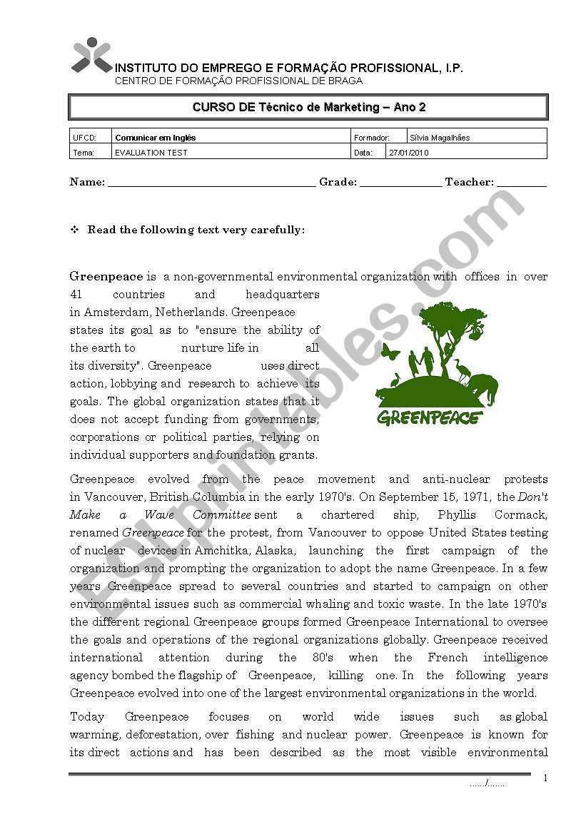 Greenpeace worksheet