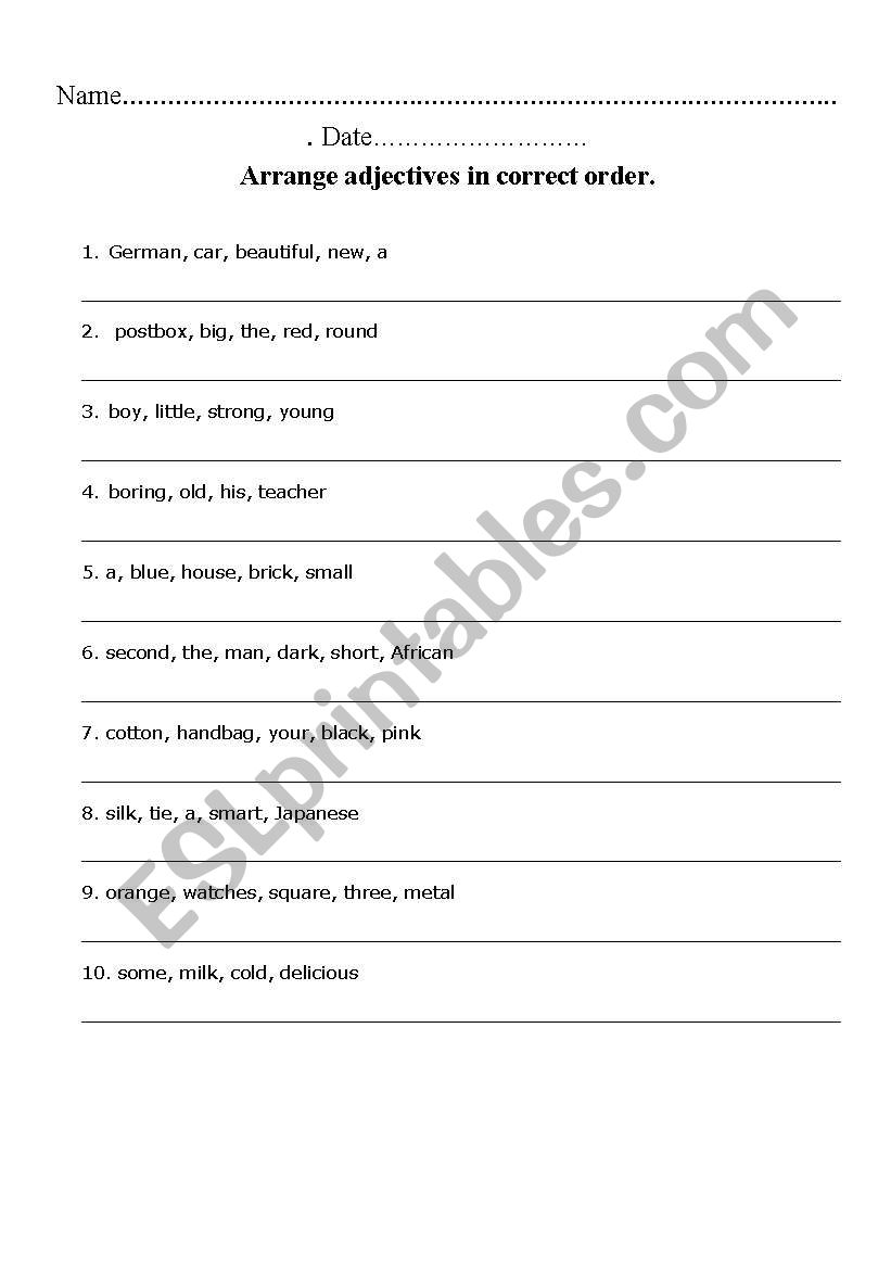 adjective order worksheet