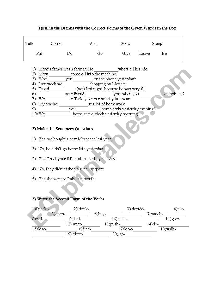 past tense worksheet