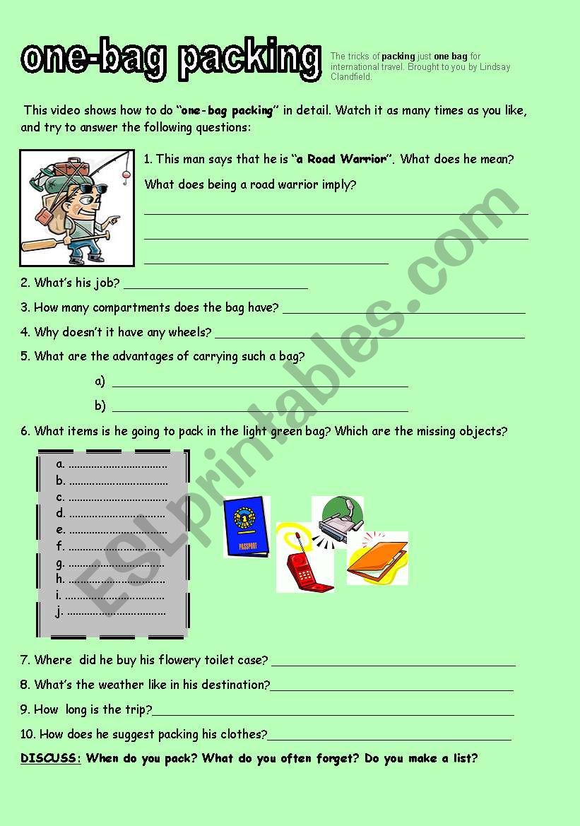 One-bag packing worksheet