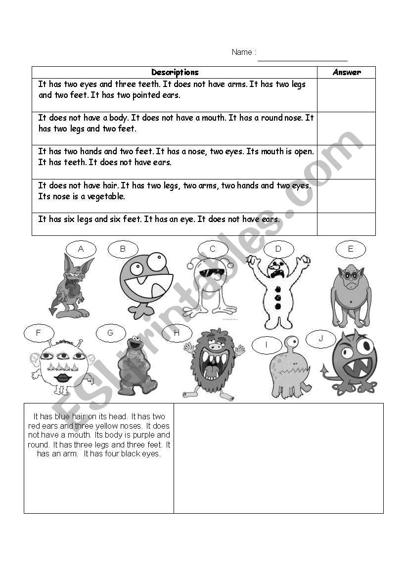 Monster and Body Parts worksheet