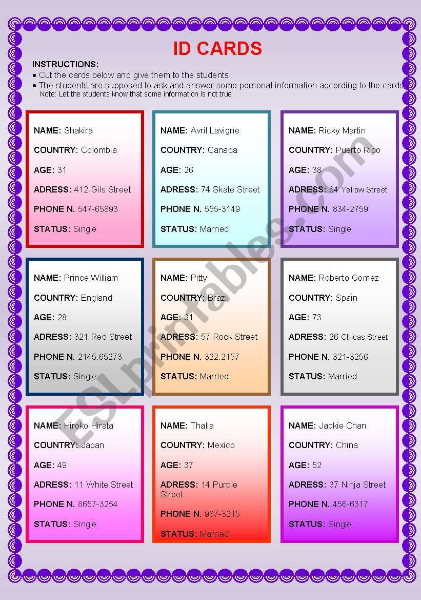 ID Cards worksheet