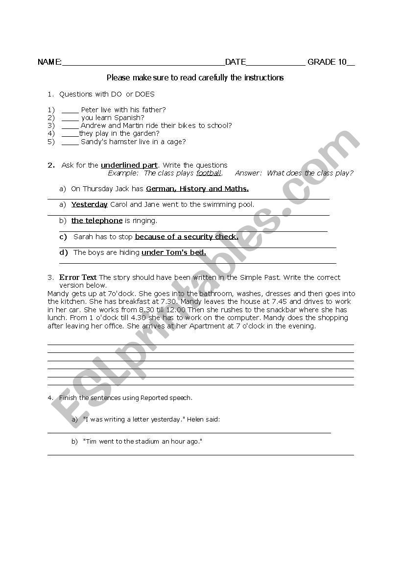 exam worksheet