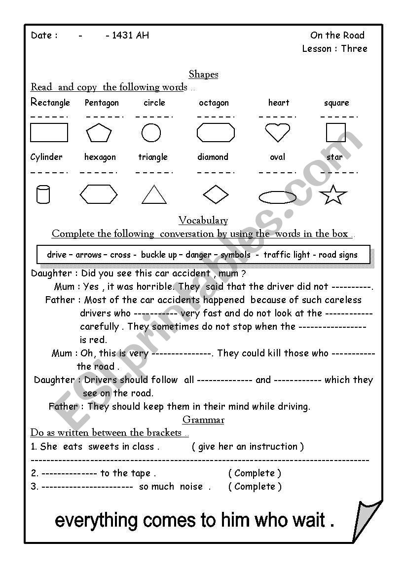 On the road worksheet