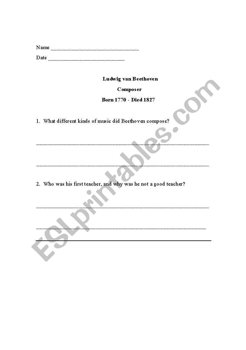 Ludwig van Beethoven worksheet