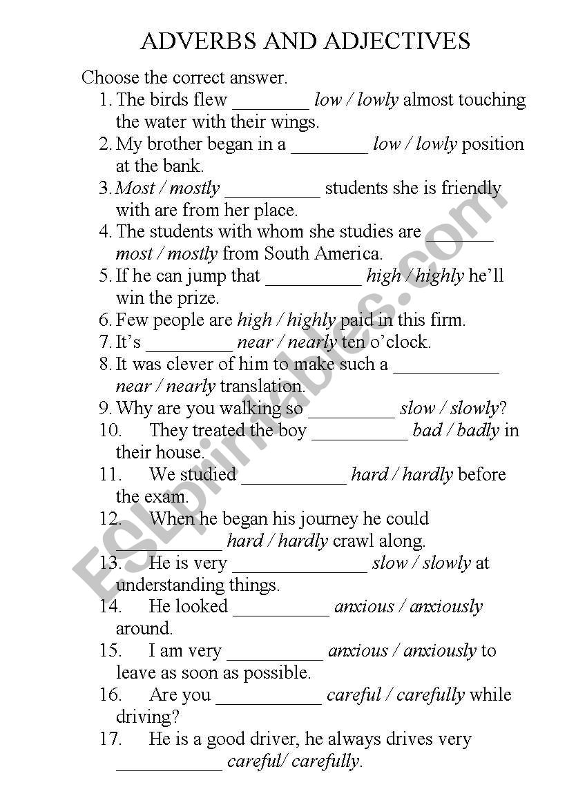 Adverbs and Adjectives worksheet