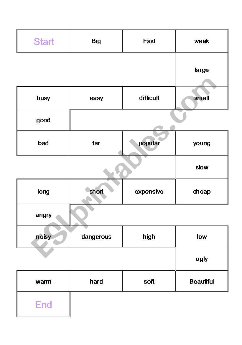 Comparatives game board worksheet