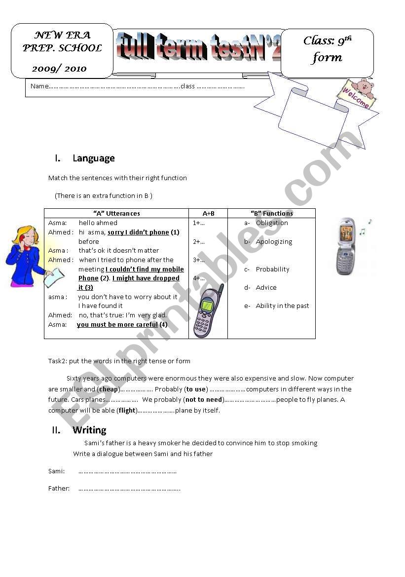 full term test N2 9th form  worksheet