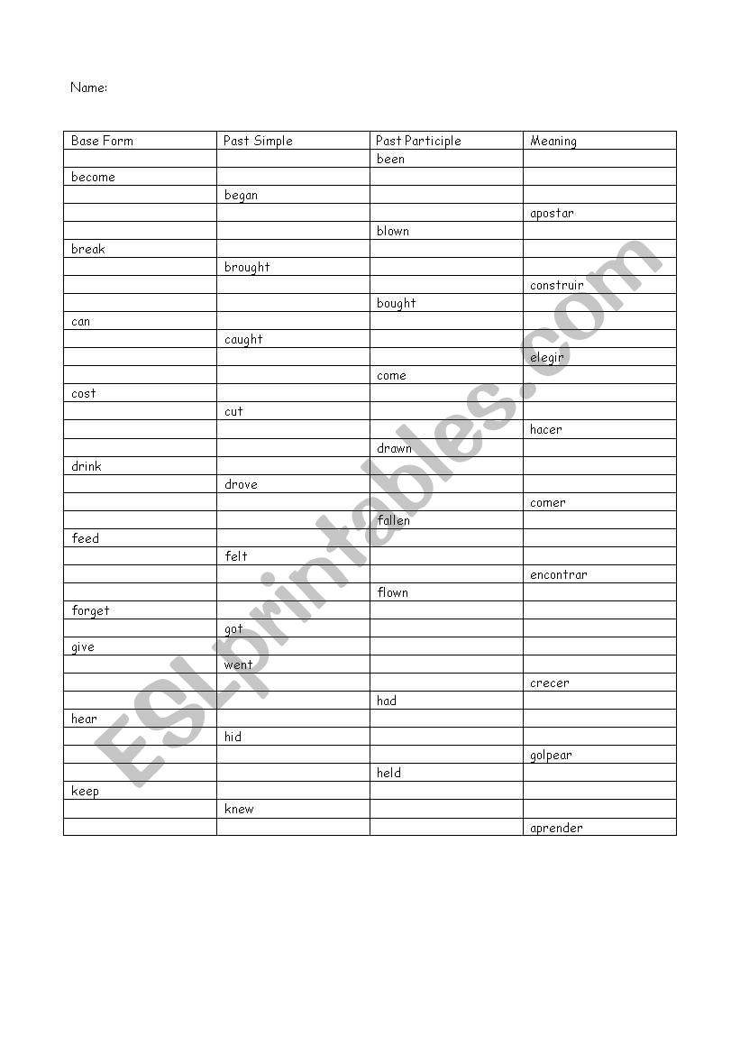 Irregular verbs examn worksheet