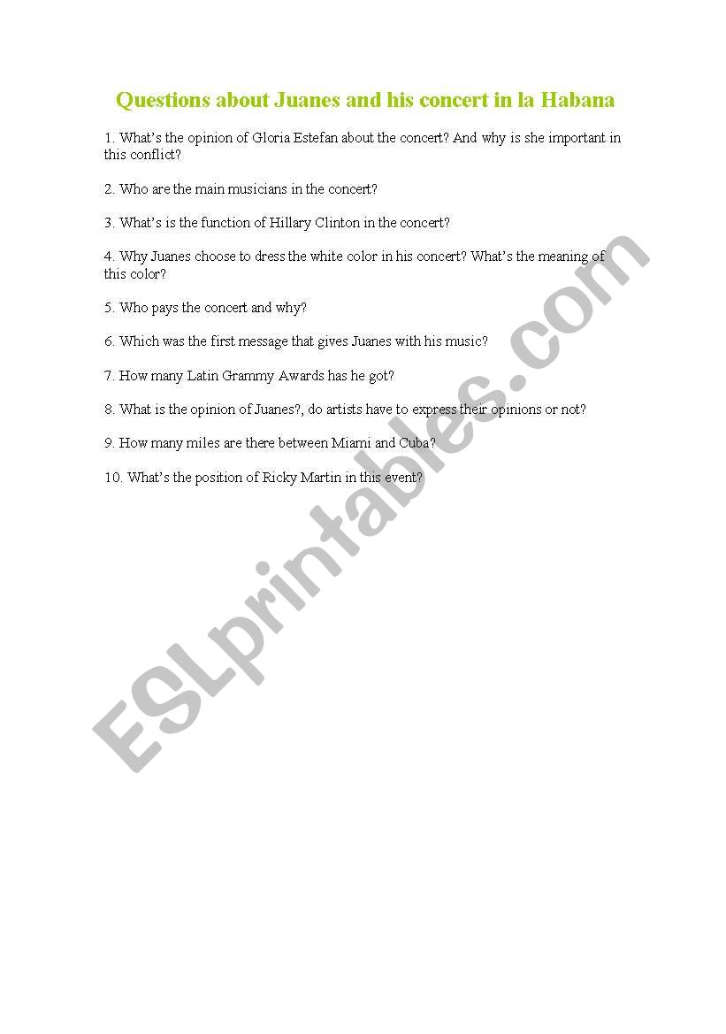 Juanes y la polémica worksheet