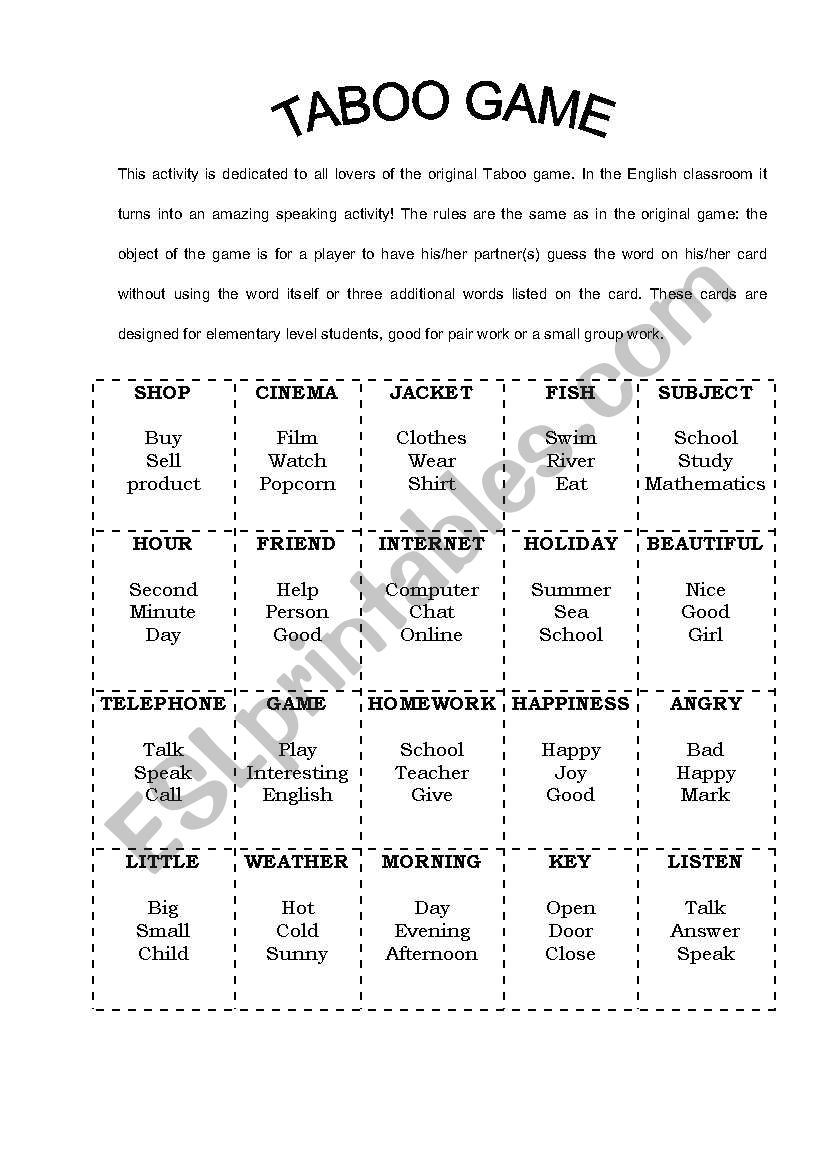 Taboo game worksheet