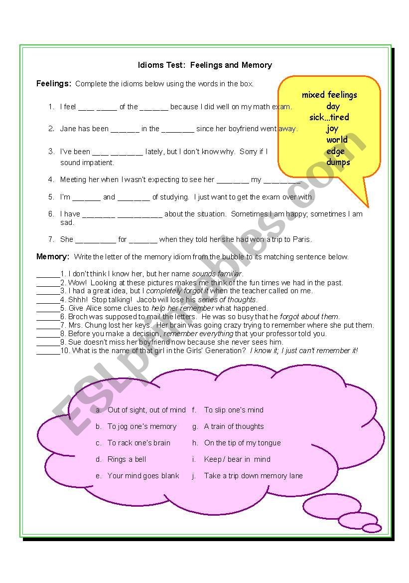 Idioms Test II: Feelings & Memory