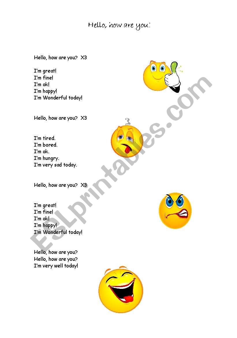 Hello, how are you! Song worksheet