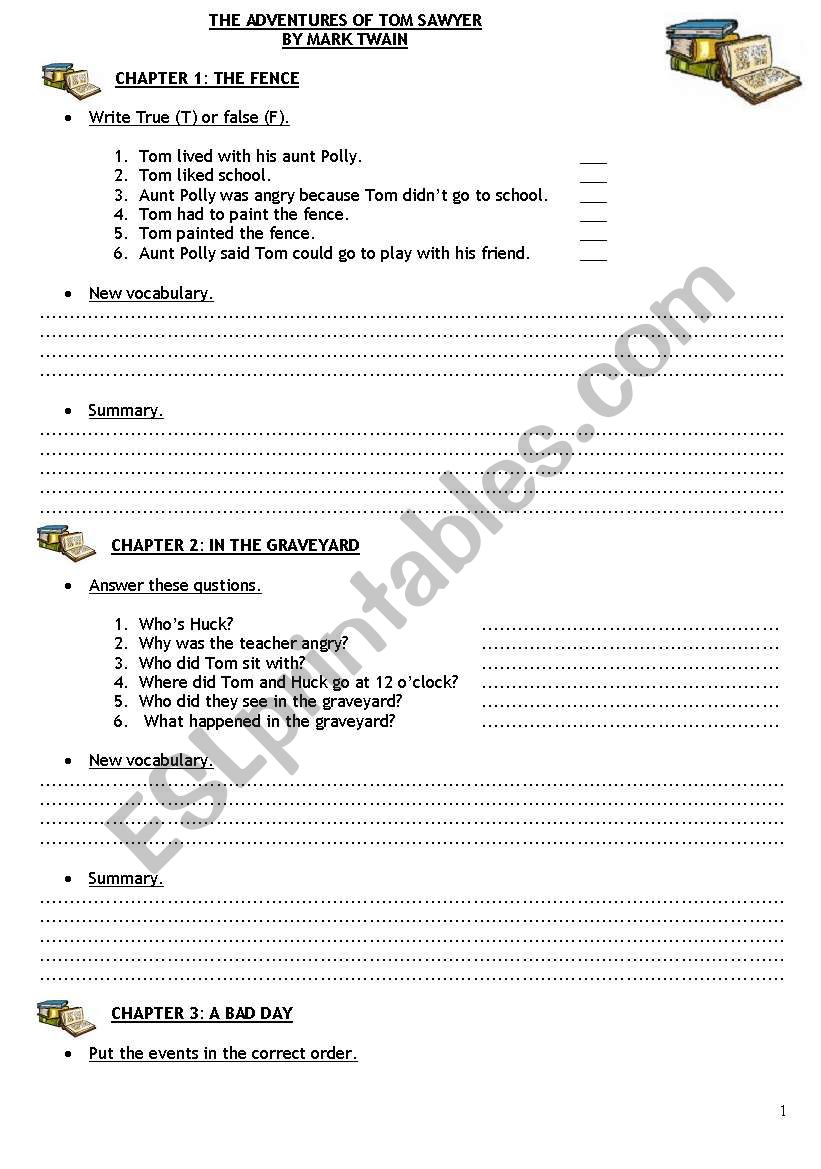 The adventures of Tom Sawyer worksheet