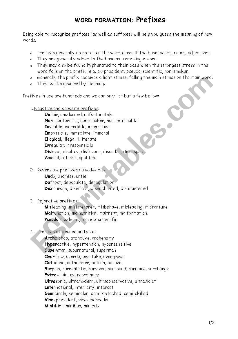 PREFIXES worksheet