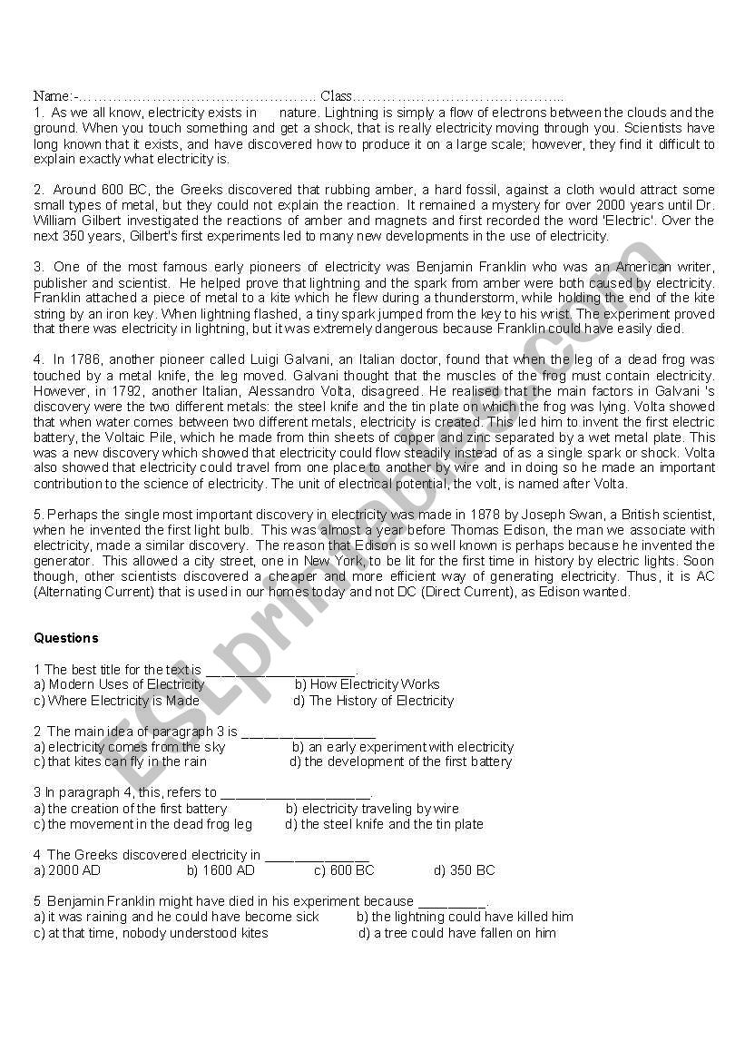 electricity worksheet