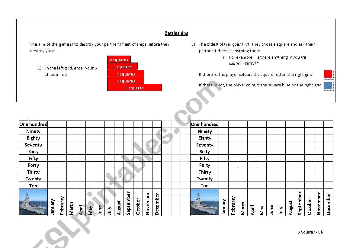 Number and months battleships worksheet