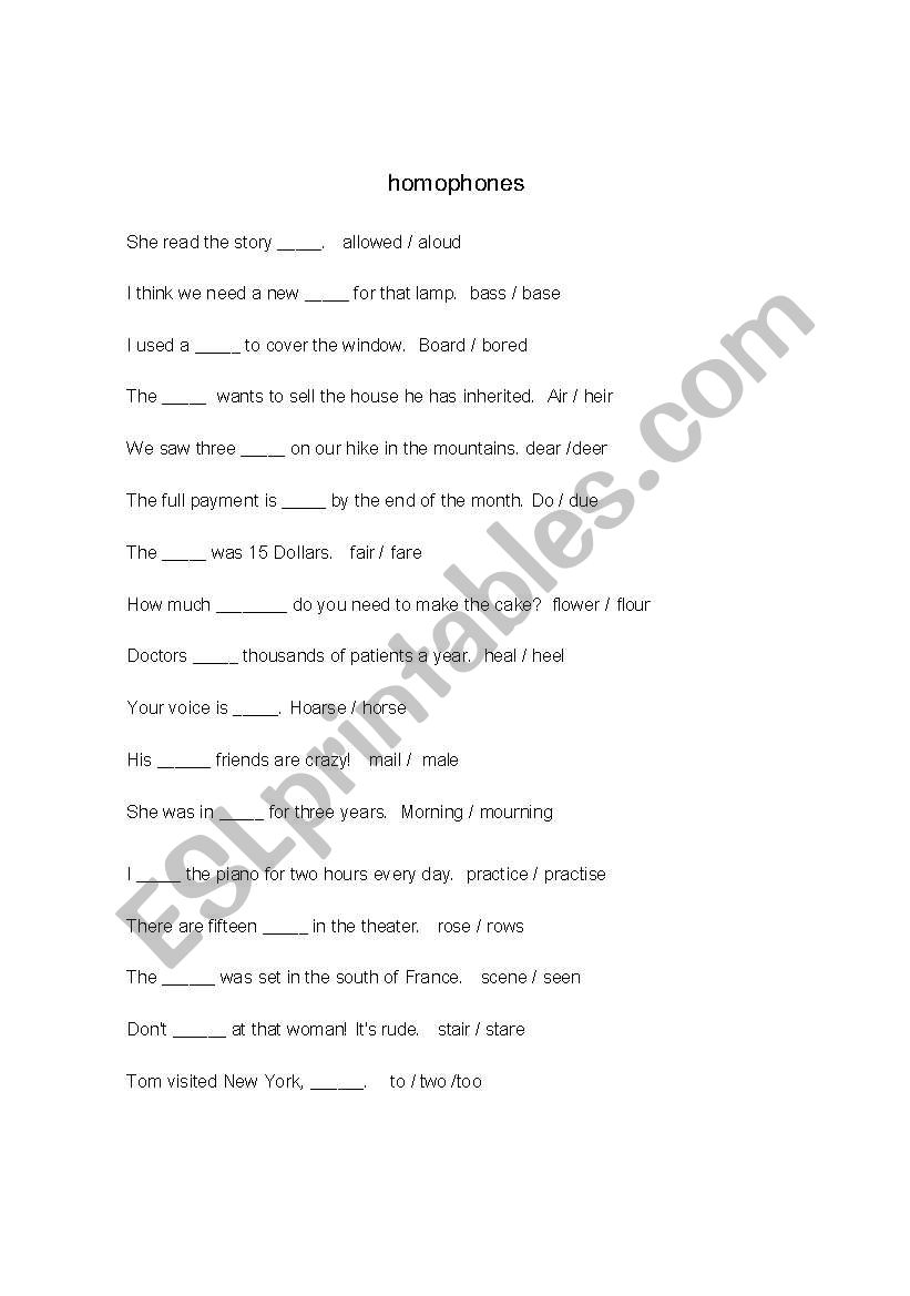 Homophones worksheet