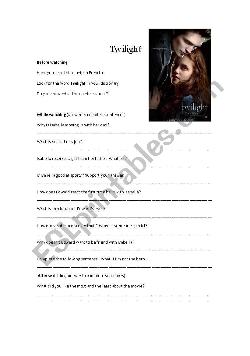 Twilight Movie Questionnaire worksheet
