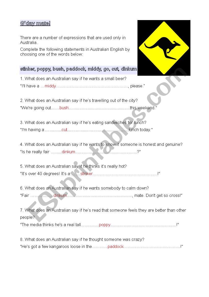 Australian English worksheet