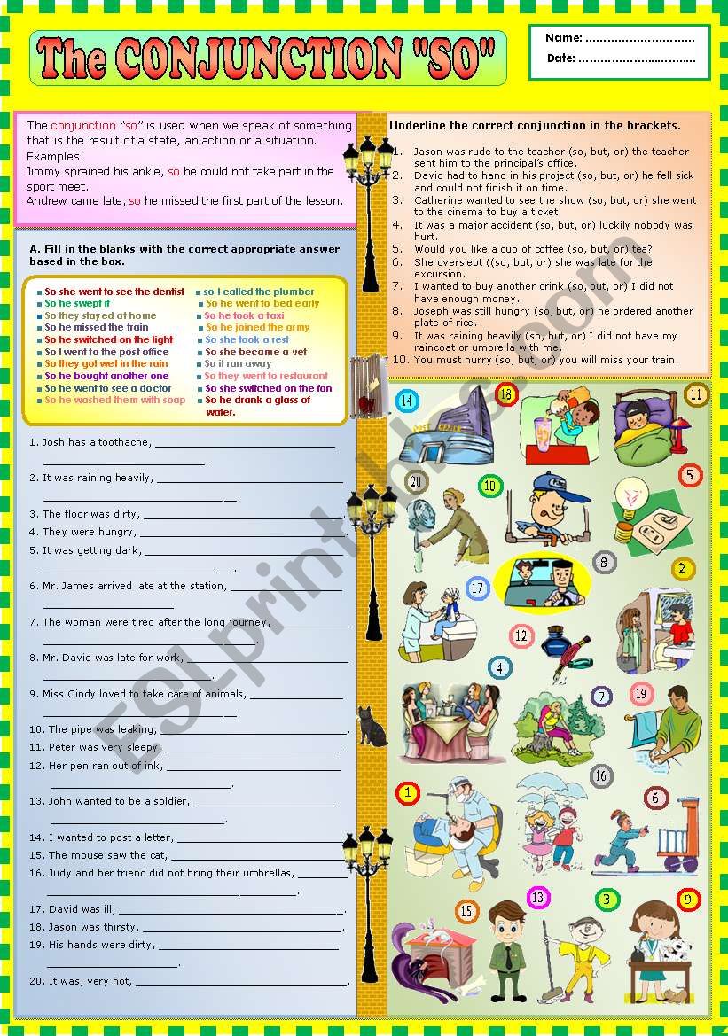 The Conjunction SO KEY Included ESL Worksheet By Ayrin
