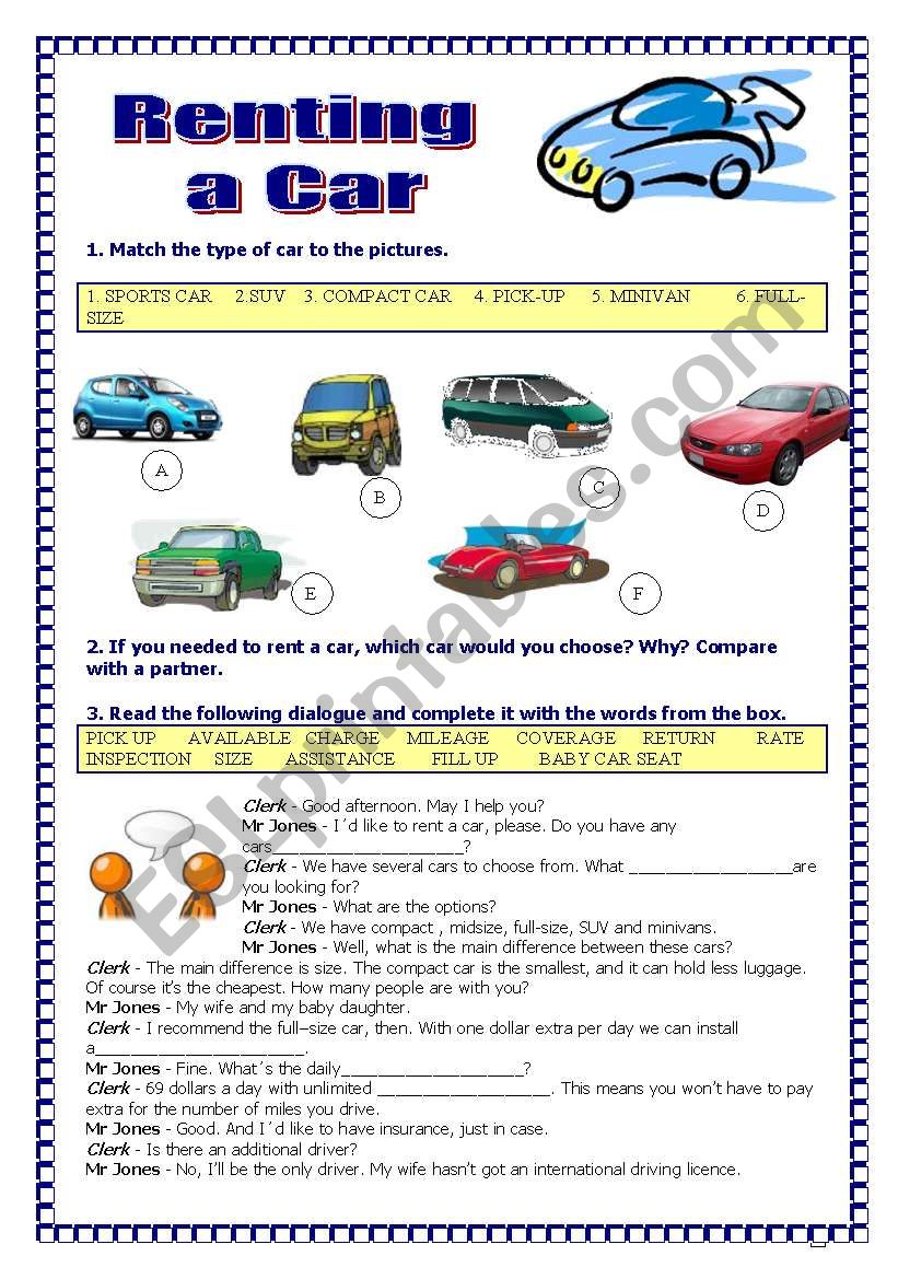 Renting a car worksheet