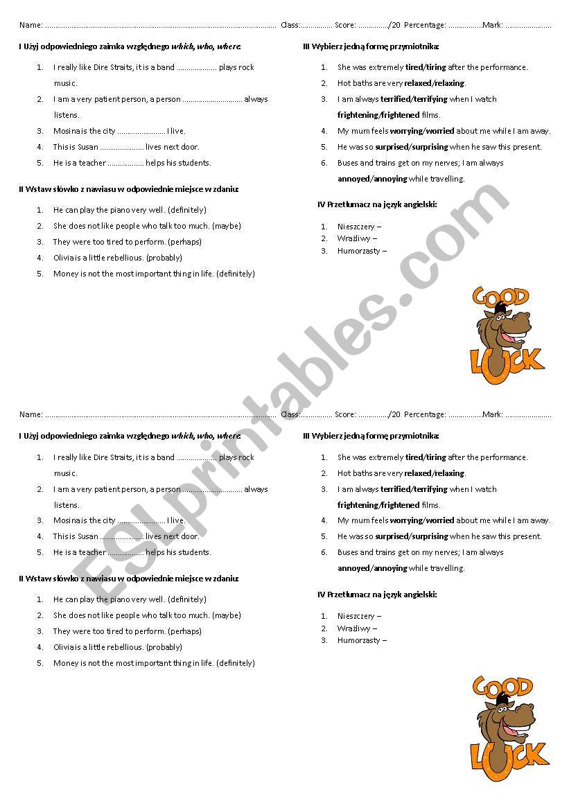 Quiz pronouns adjectives worksheet