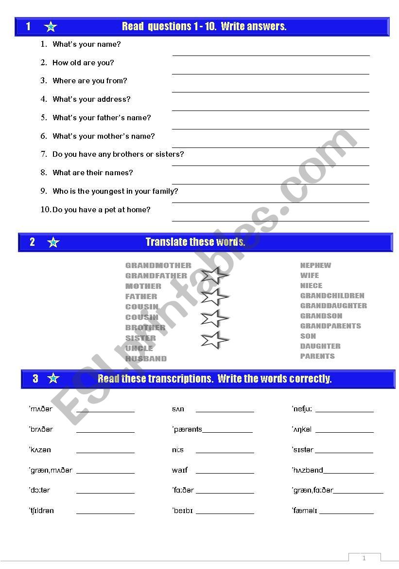 FAMILY WORKSHEET 1 worksheet