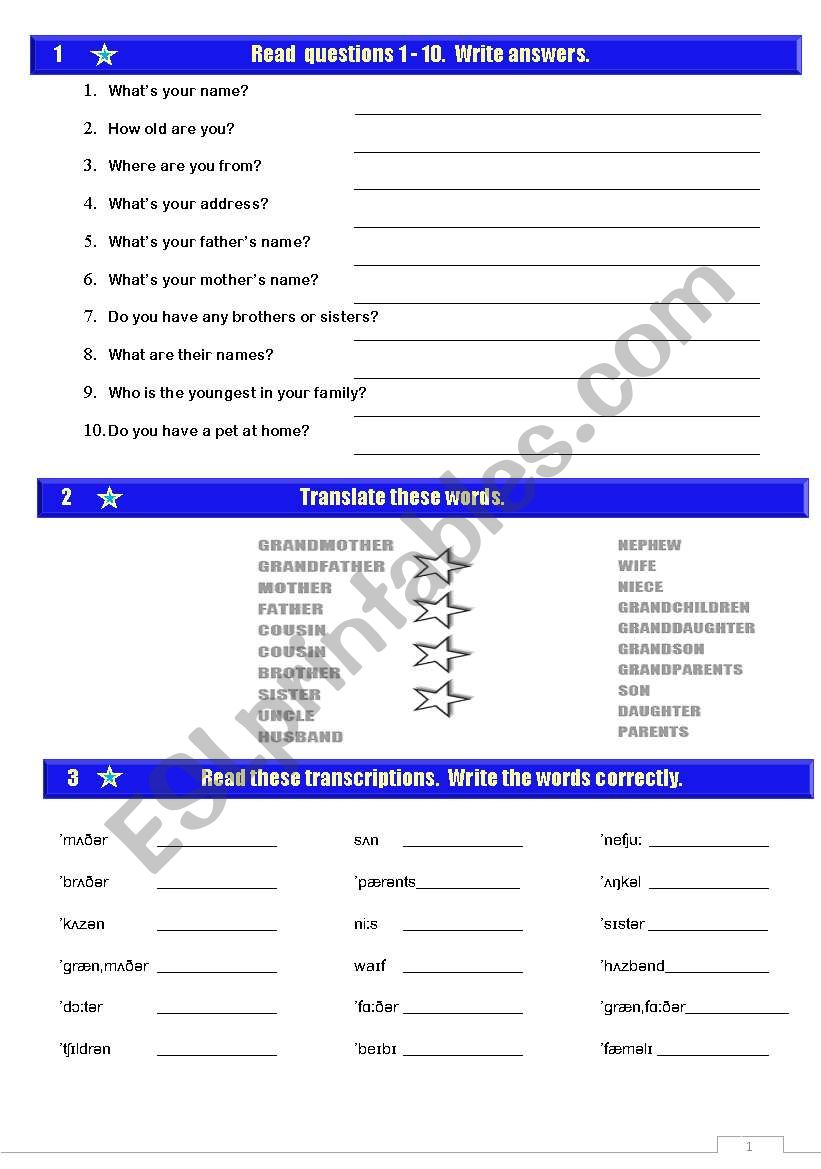 FAMILY WORKSHEET 1 worksheet