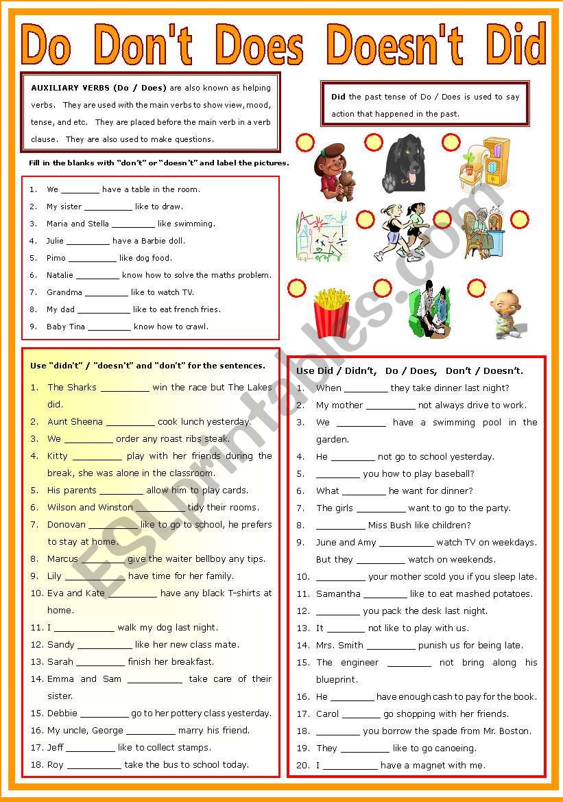 Auxiliary Verb Do Don t Does Doesn t Did ESL Worksheet By Shusu euphe
